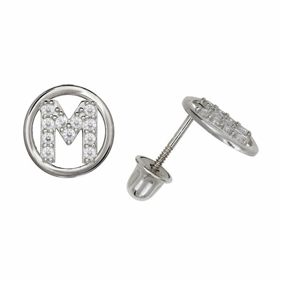 14K Solid White Gold 8mm Letter Initial Halo CZ Stud Alphabet Earrings - Picture 12 of 16